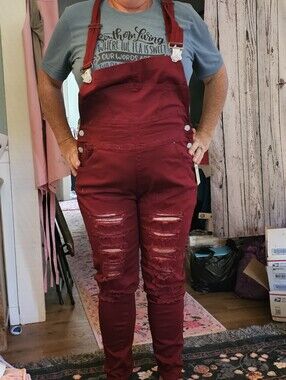 Love Moda Distressed Burgundy Women's Overalls 2X Stretch Material